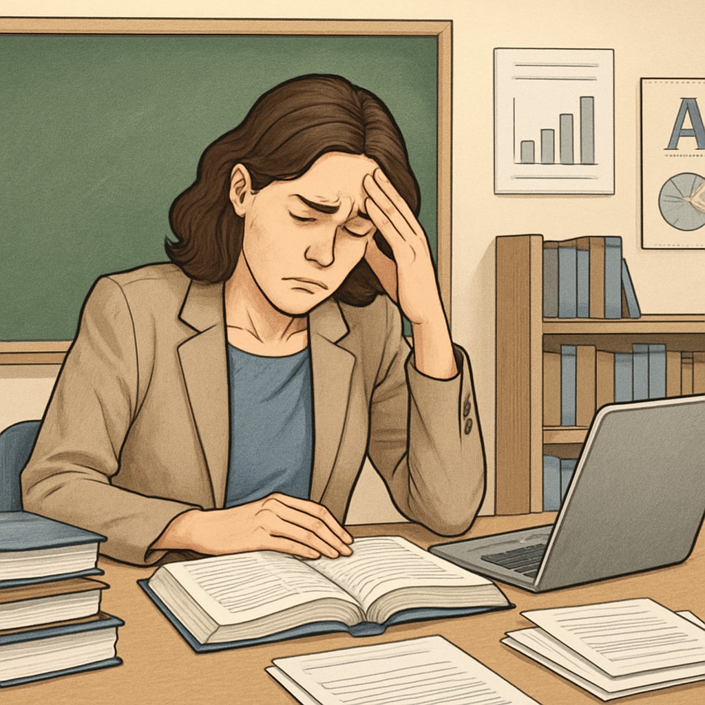A teacher reviewing classroom materials with a stressed expression, symbolizing the financial strain caused by student loan repayment increases under the SAVE Plan. A teacher affected by student loan repayment increases under the SAVE Plan.