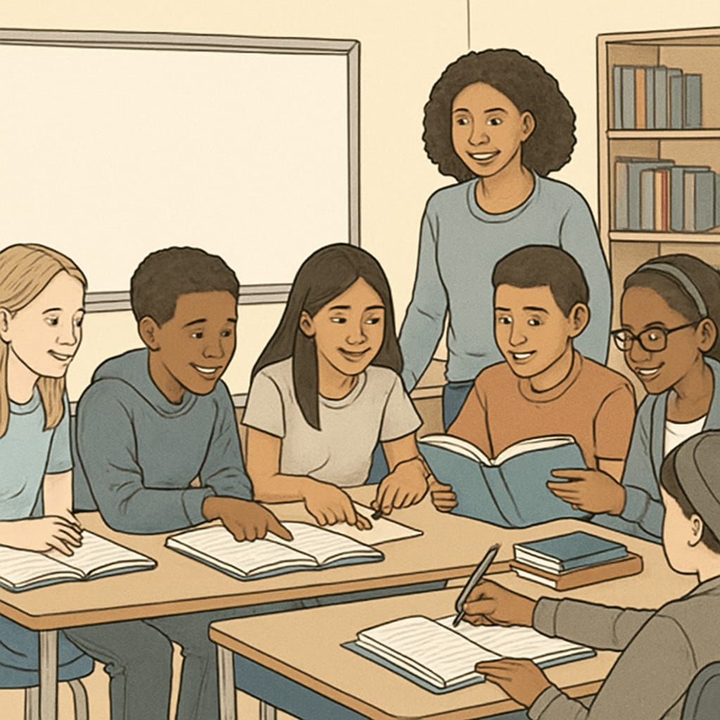 A diverse group of students in a classroom, representing various socioeconomic backgrounds, engaged in collaborative learning. Diverse students in a mixed socioeconomic classroom working together on a project.
