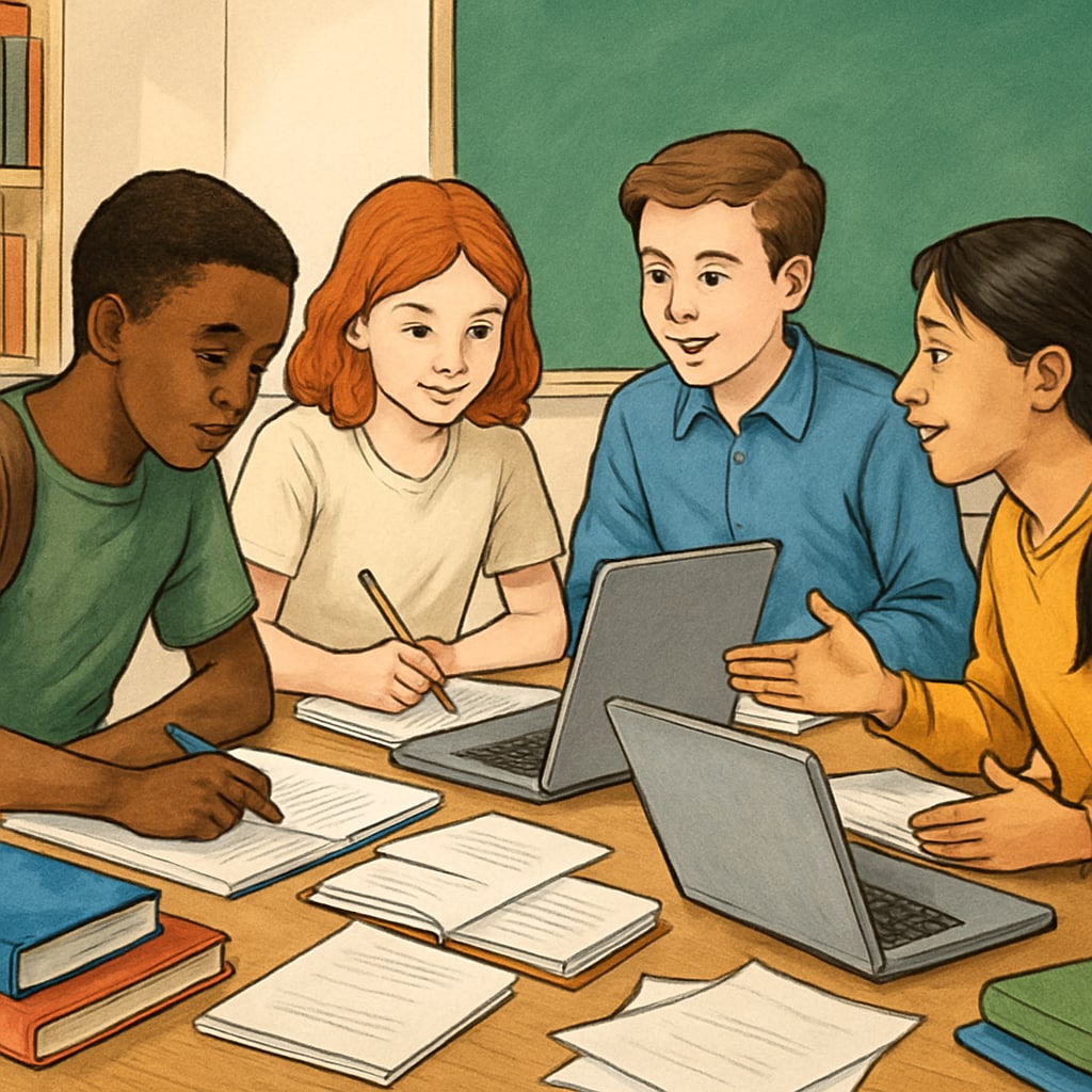 Students from diverse socioeconomic backgrounds participating in a group project, fostering teamwork and collaboration. Students collaborating on a project in a classroom with mixed socioeconomic backgrounds.