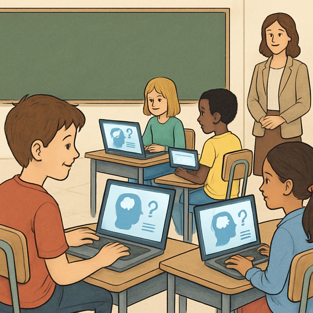 A classroom of students using laptops with AI-powered educational software. Students in a classroom using laptops with AI educational tools.