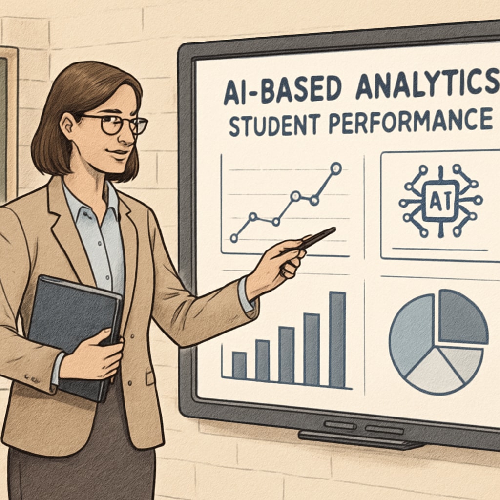 A teacher standing beside an interactive whiteboard, explaining AI-based analytics in student performance. A teacher explaining AI-generated student analytics on a whiteboard.
