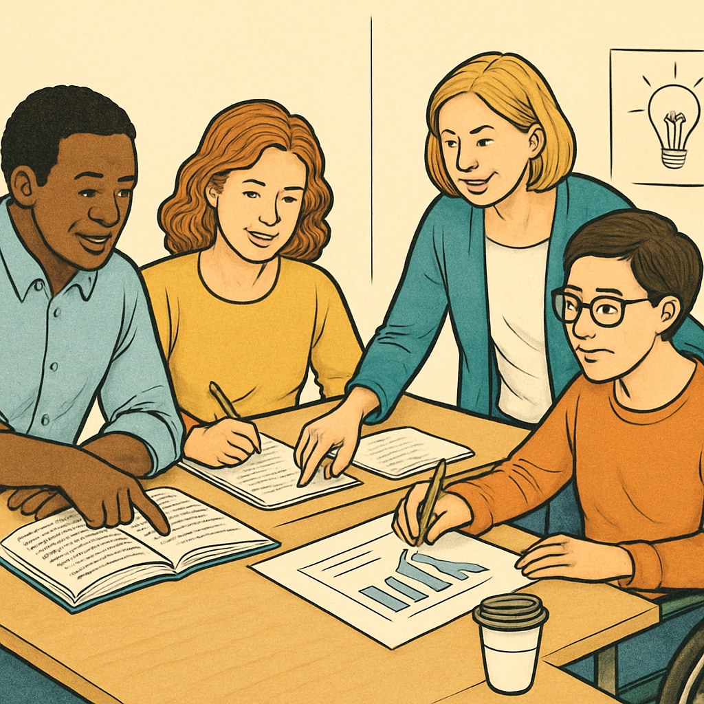 Adult learners collaborating in a classroom setting to address education gaps.