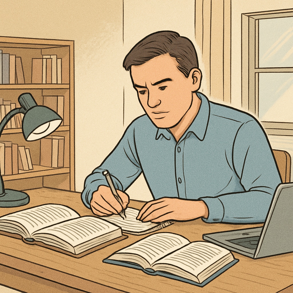 Adult learner working at home to overcome education gaps and improve basic skills.