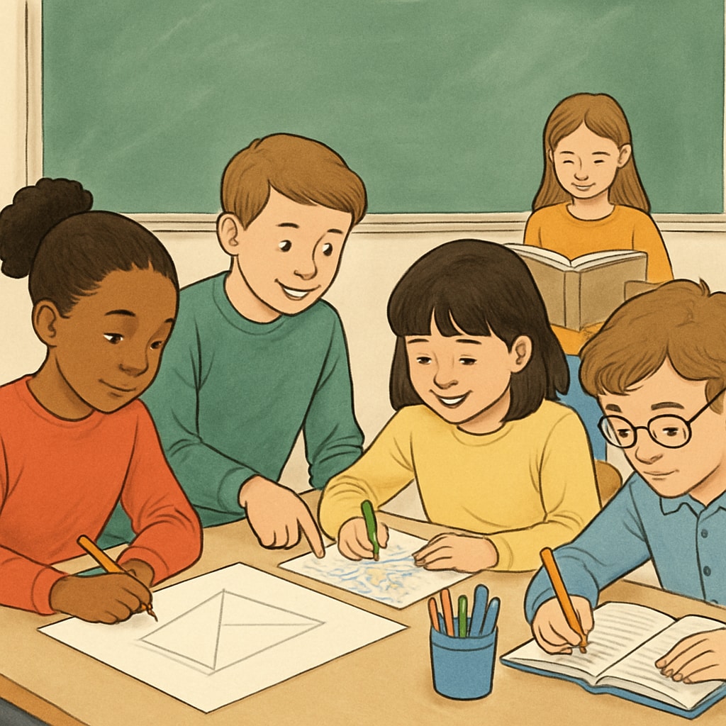 A classroom setting with students working collaboratively on a creative project, reflecting diverse learning approaches. Students collaborating in a classroom, showcasing holistic education methods.