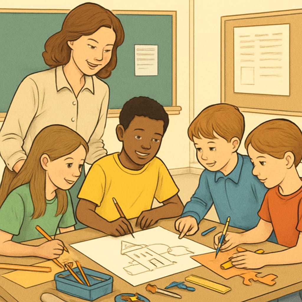 A teacher engaging with students in a project-based learning activity, promoting creativity and collaboration. Teacher guiding students in project-based learning, emphasizing holistic education.