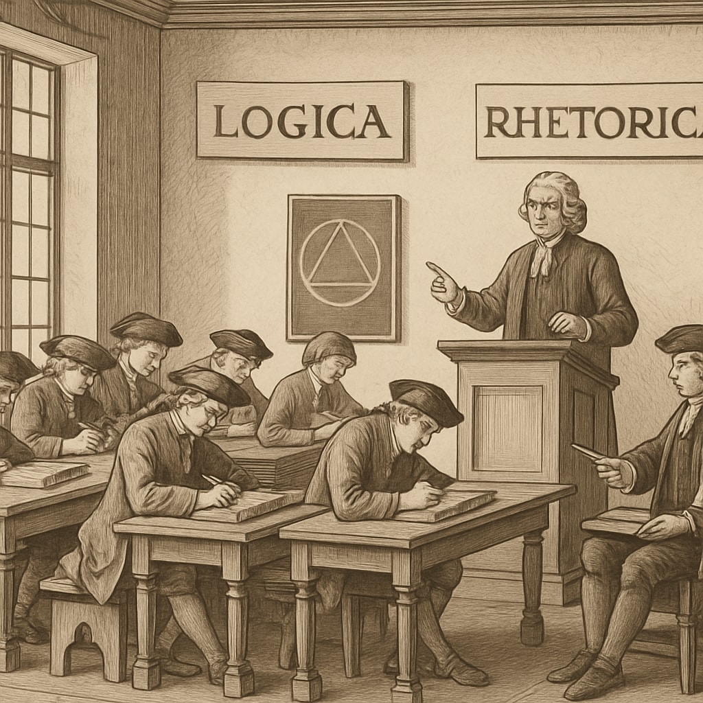 A historical classroom with students studying classical subjects, such as logic and rhetoric, in the 18th century. The image conveys classical education's foundational principles. Historical classroom showing classical education subjects like logic and rhetoric.