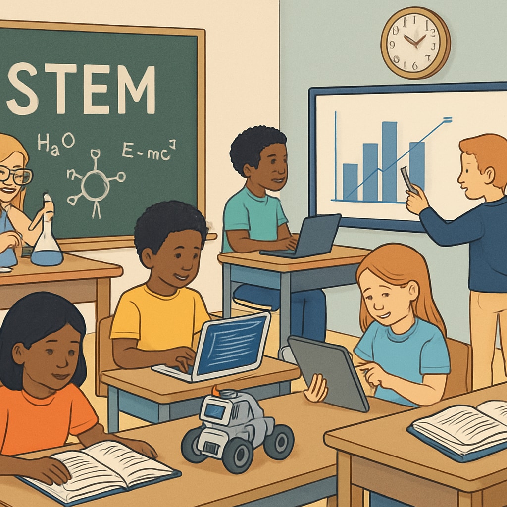 Modern classroom setting showing students engaged in STEM-focused learning activities, illustrating the shift away from classical education. The image highlights the contrast between traditional and contemporary priorities. Modern classroom focusing on STEM learning, representing the decline of classical education.
