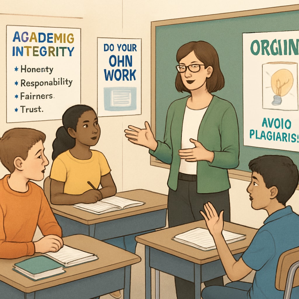 A classroom setting where students and teachers discuss academic integrity, with visible charts and posters promoting originality. Classroom discussion on academic integrity with charts promoting originality.