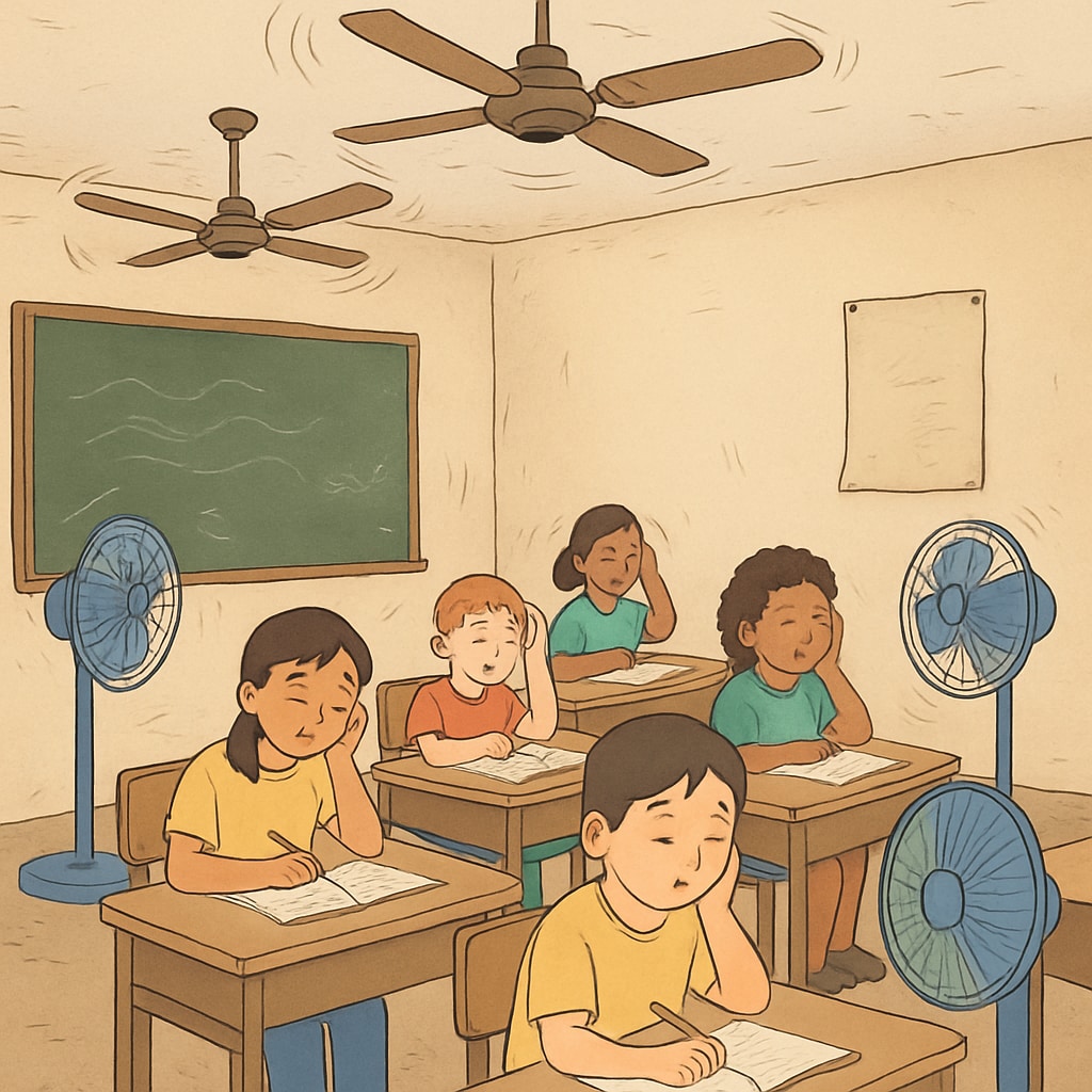 Students in a marginalized community classroom using fans during extreme heat.
