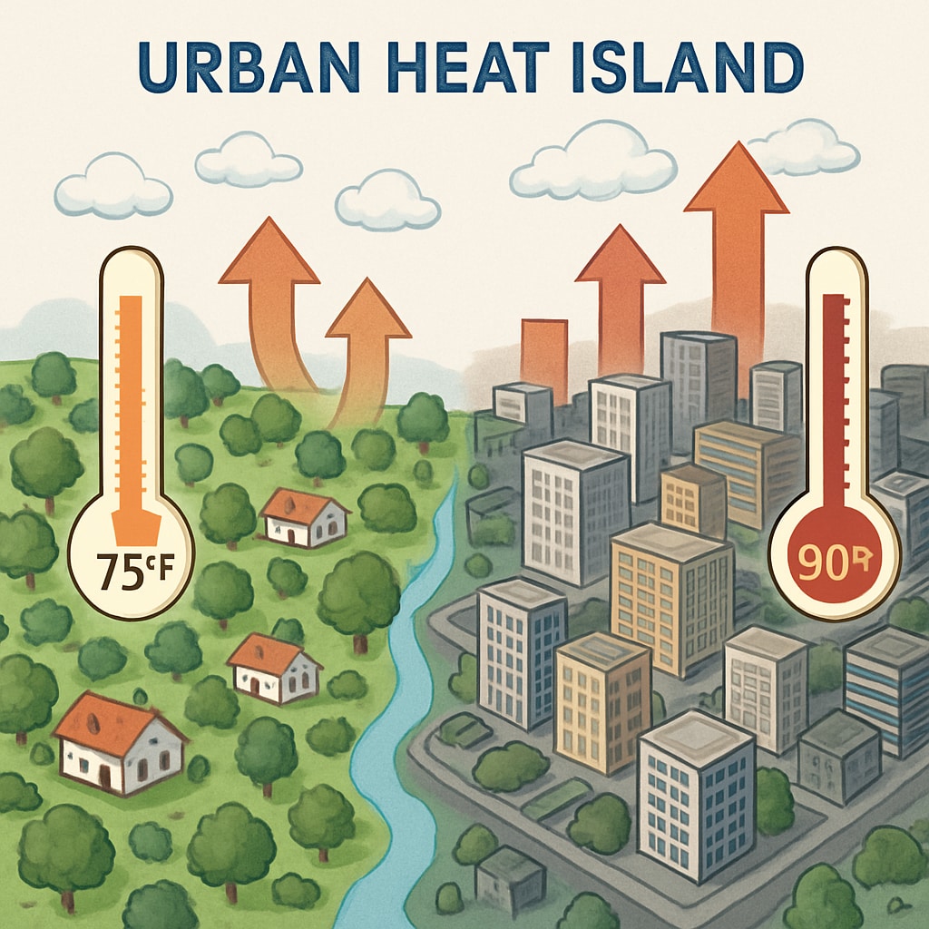 Urban heat island showing temperature disparity between green and built-up areas.