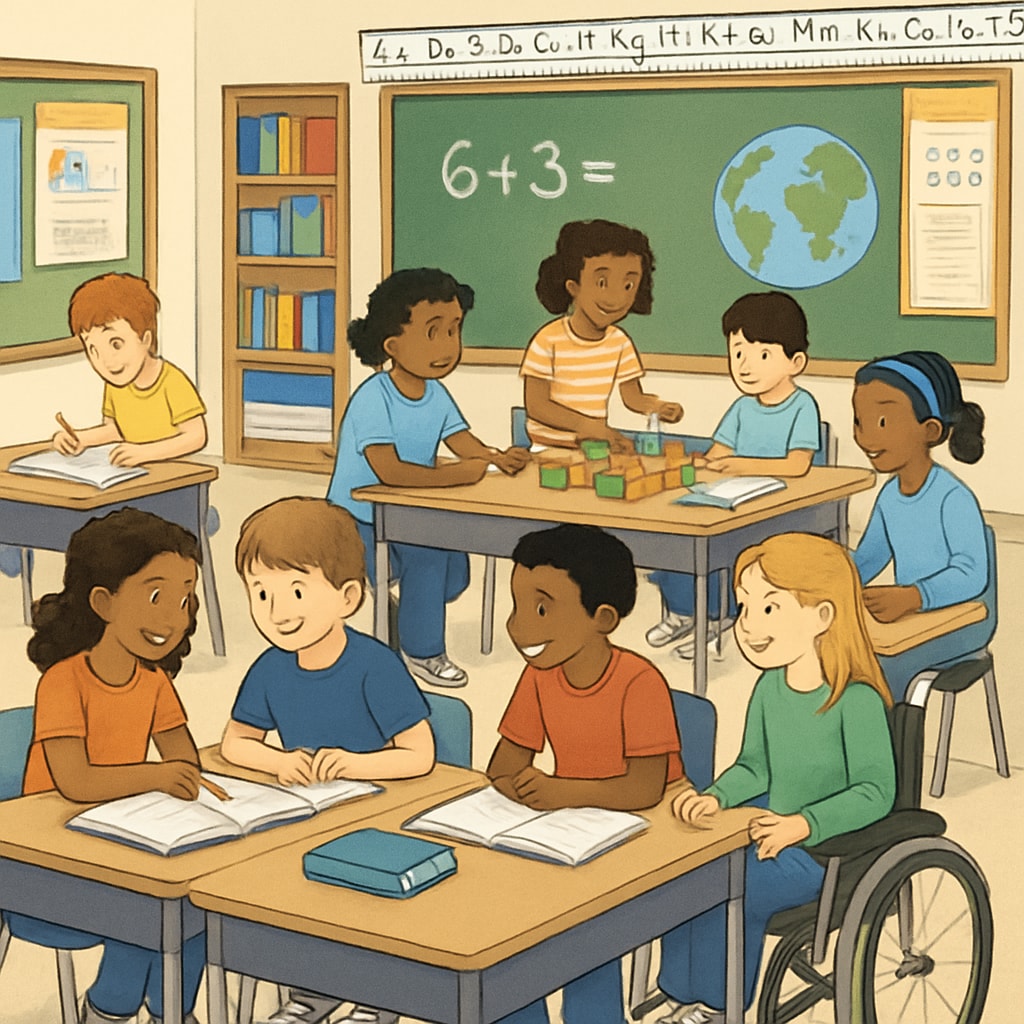 Public school classroom with diverse students collaborating on group activities.
