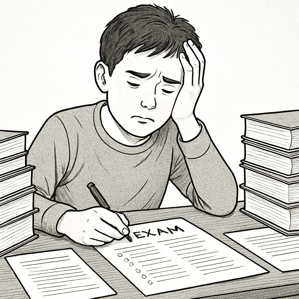Stressed student struggling with exams and academic pressures.