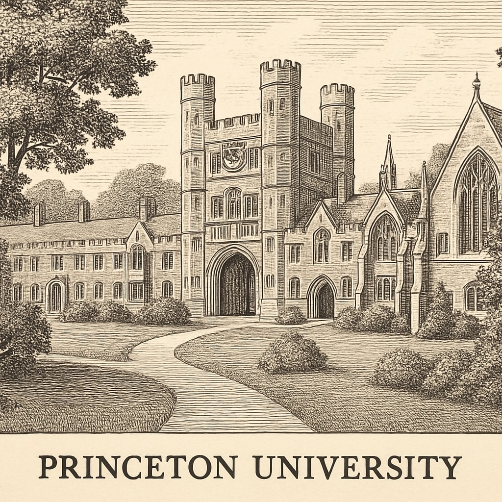 A campus view of Princeton University, featuring iconic Gothic architecture and serene surroundings. The image highlights the prestige and history of Ivy League institutions. Princeton University campus and Gothic architecture