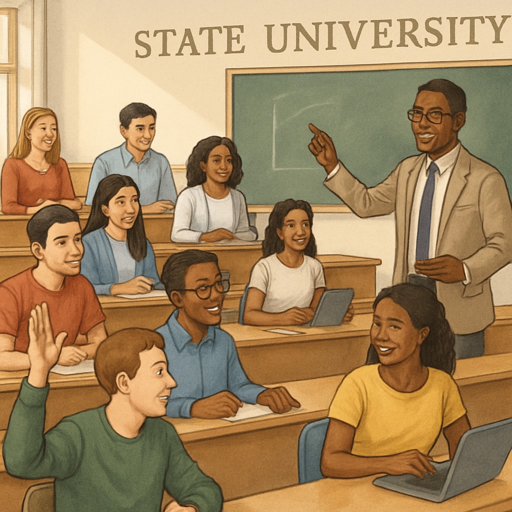 A classroom lecture at a state university, showcasing diversity among students and an engaging learning atmosphere. The image emphasizes inclusivity and alternative educational options. State university classroom with engaged students