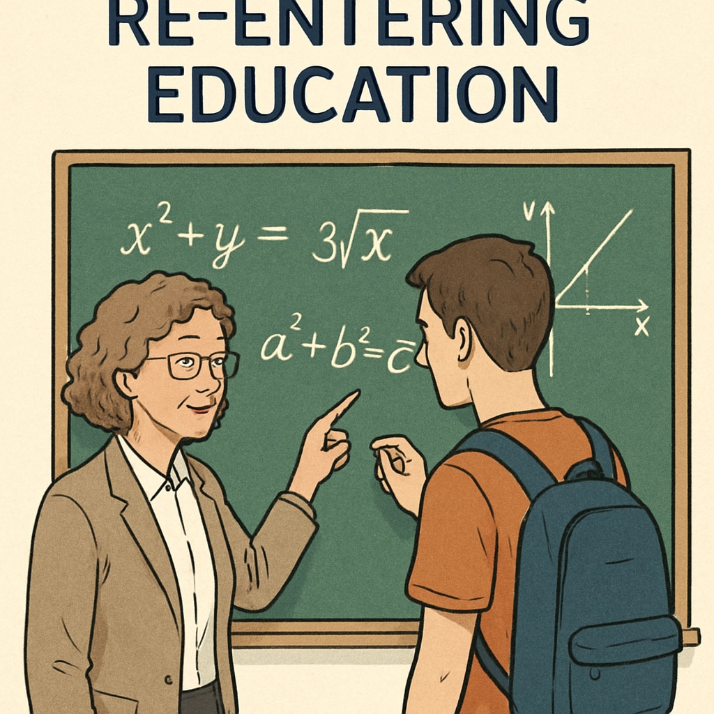 Teacher helping young adult with math on a chalkboard, UK education recovery.