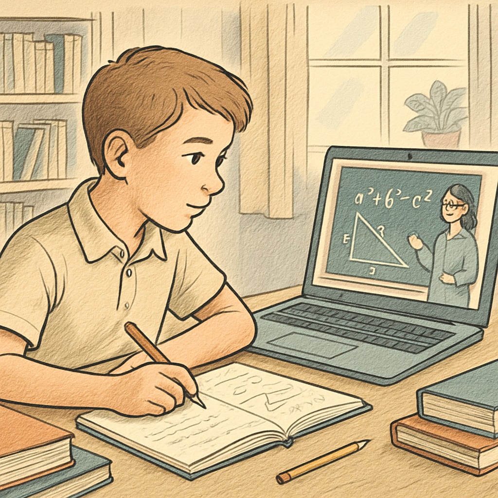 Young person learning math online with a laptop, UK education recovery.