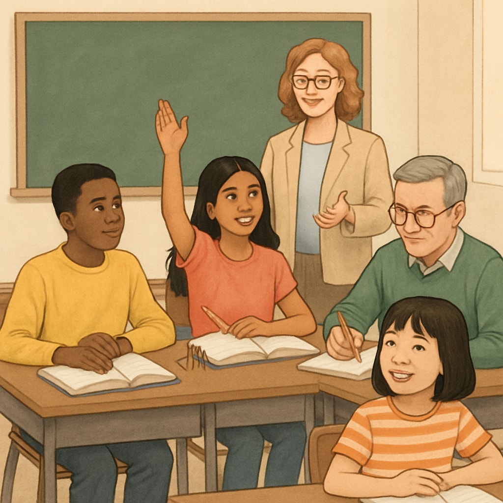 A classroom with diverse students and a teacher, emphasizing the importance of diverse perspectives in education. A diverse classroom with a teacher and students, highlighting perspectives in education.