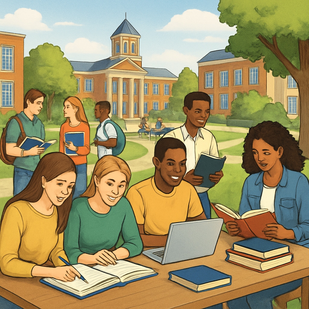A vibrant university campus showcasing students engaged in collaborative learning Students participating in collaborative learning on a university campus, relevant to education and engineering degrees