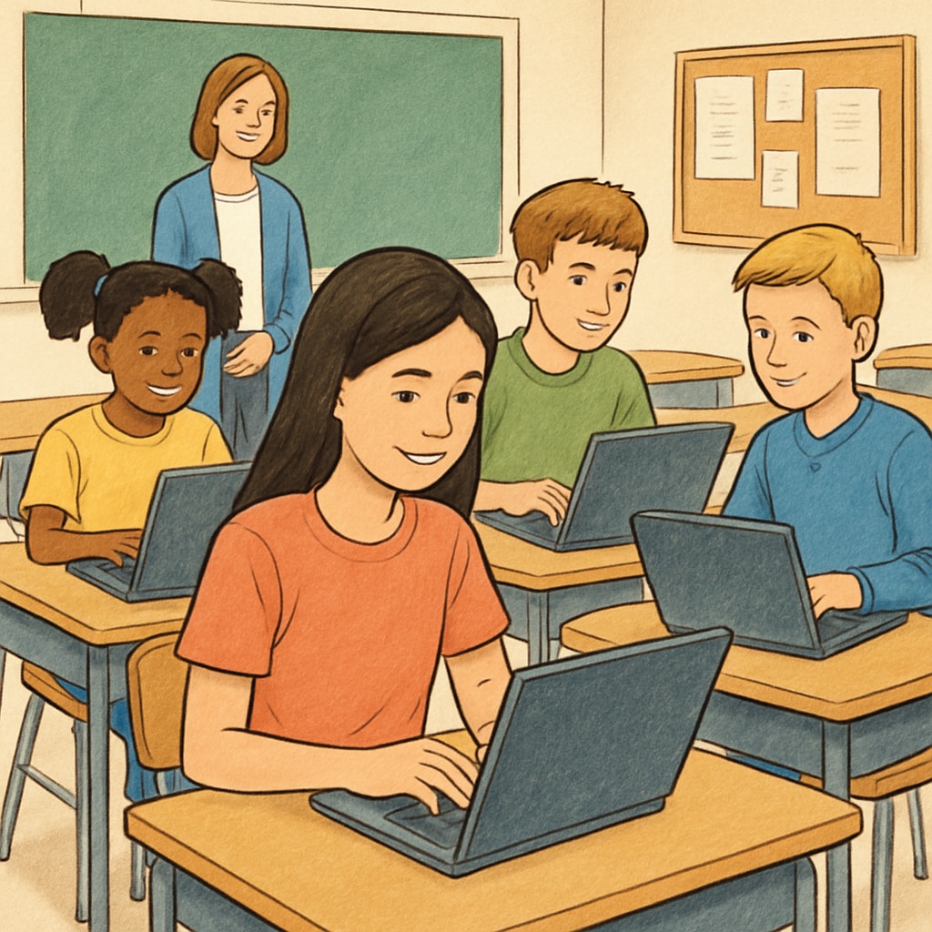 A group of K-12 students using laptops in a classroom setting, emphasizing educational technology and collaboration. K-12 students using laptops in a classroom under age verification laws.