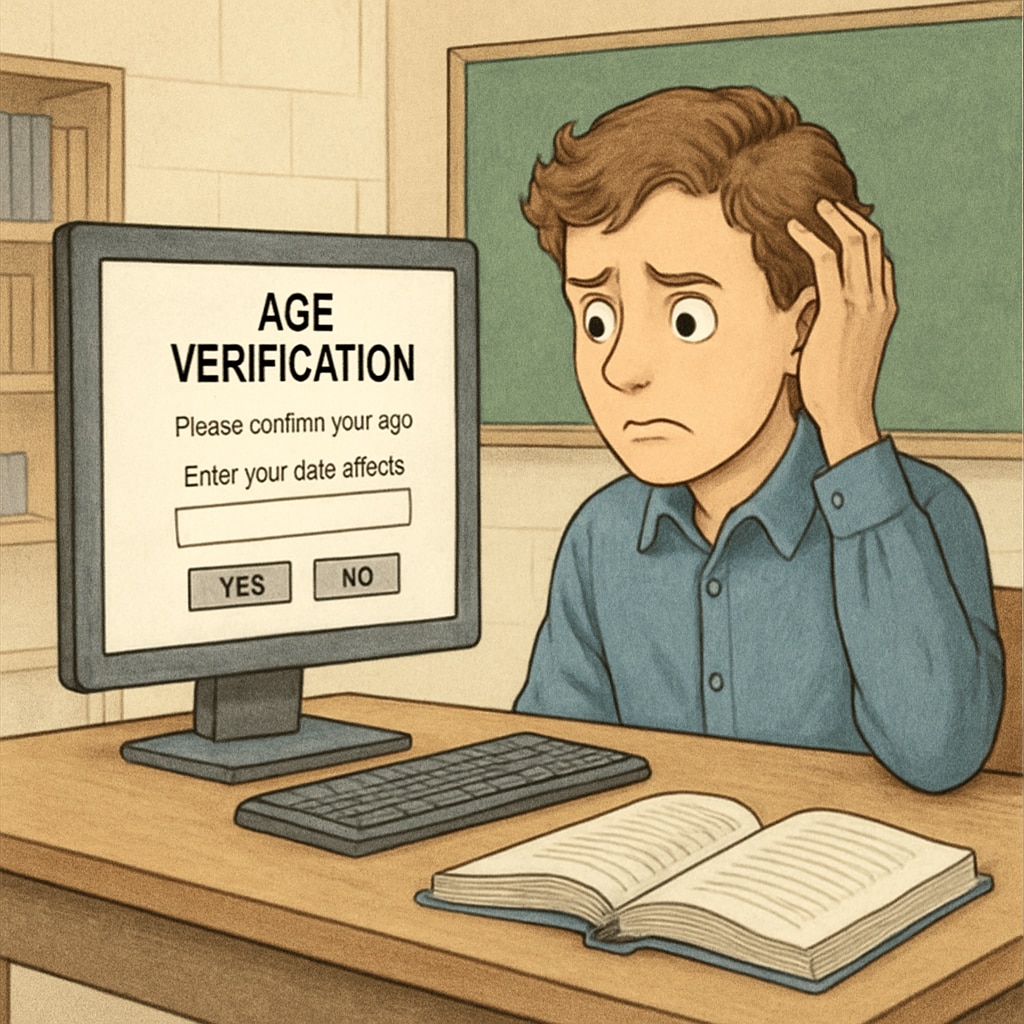 A frustrated student sitting at a computer, encountering an age verification prompt while trying to access educational content. Student facing an age verification prompt restricting access to online learning.