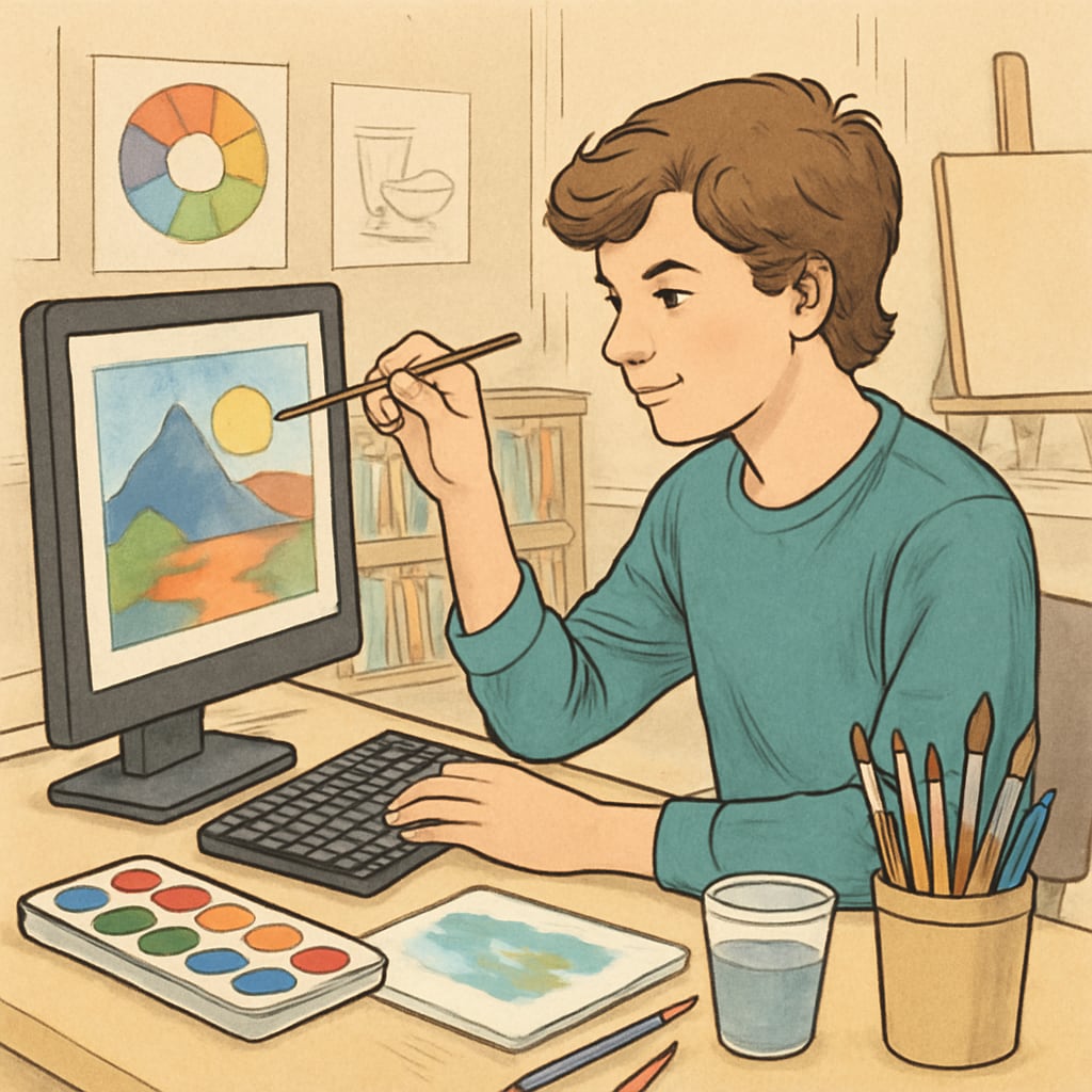 A teenager working on a creative project at a computer or painting in an art class, illustrating interest-based learning. Teen engaging in interest-based learning through creative activities.
