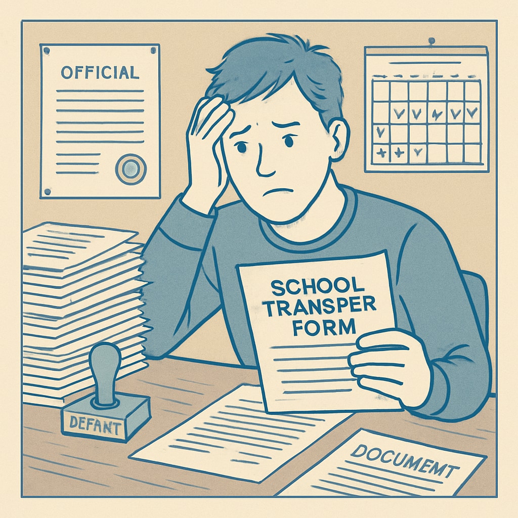 A frustrated parent holding school transfer forms, symbolizing the struggles of dealing with district bureaucracy. Parent dealing with school transfer barriers in district bureaucracy.