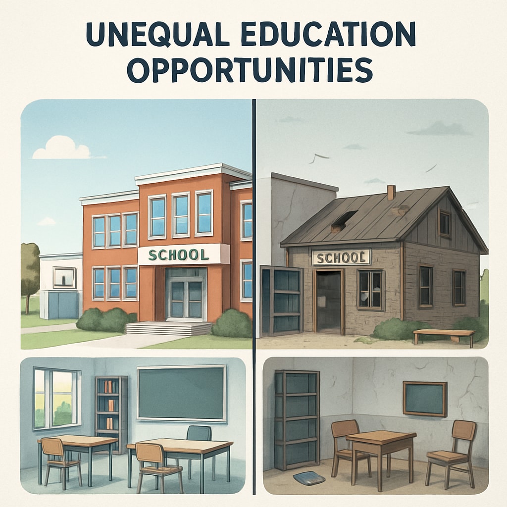 A visual representation of unequal education opportunities, such as two schools with vastly different resources and facilities. Unequal school resources representing education equity issues.