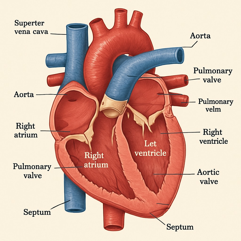 A detailed image of a heart diagram used in online cardiology courses, illustrating its anatomy and function in a clear and accessible manner. Heart diagram for non-medical learners in online cardiology courses