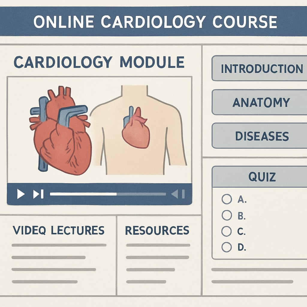 A screenshot of an online cardiology course dashboard showing interactive modules and quizzes designed for non-medical learners. Online cardiology course dashboard for non-medical learners