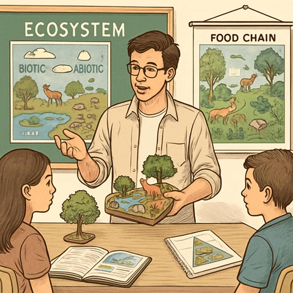 Biology graduate teaching ecosystems to students in a classroom setting.