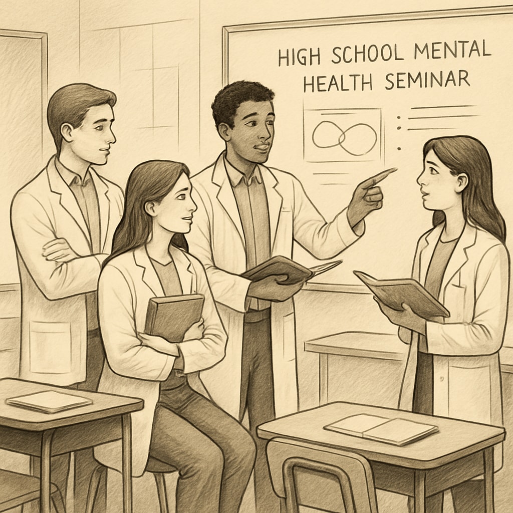 A group of medical students discussing plans for a high school mental health seminar in a classroom setting. Medical students planning a high school mental health seminar.