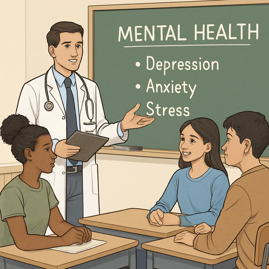A medical student leading a discussion on mental health topics with a group of attentive high school students. Medical student conducting a mental health seminar for high school students.