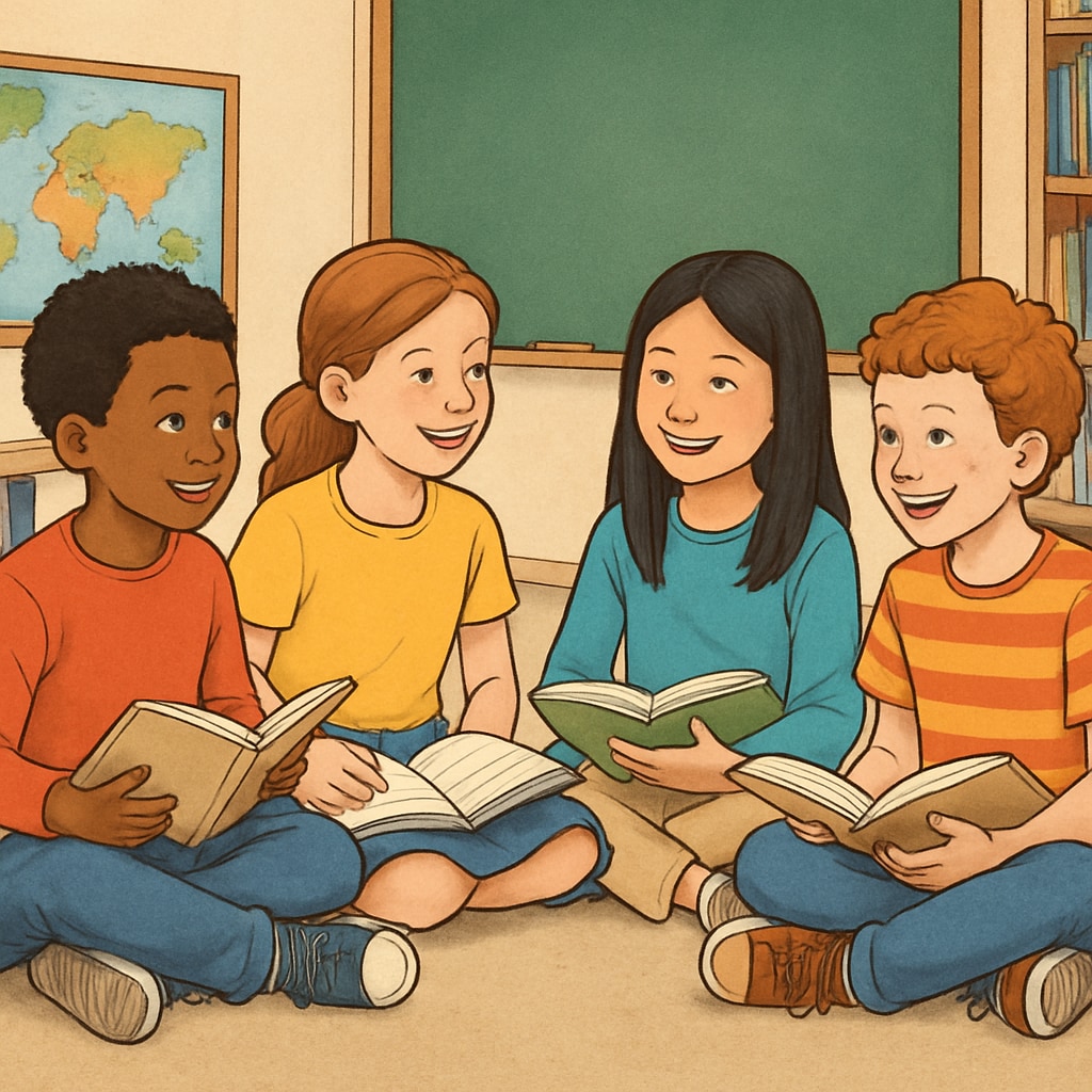 A diverse group of children reading books together in a classroom setting. Students in a classroom enjoying reading time, highlighting reading comprehension.