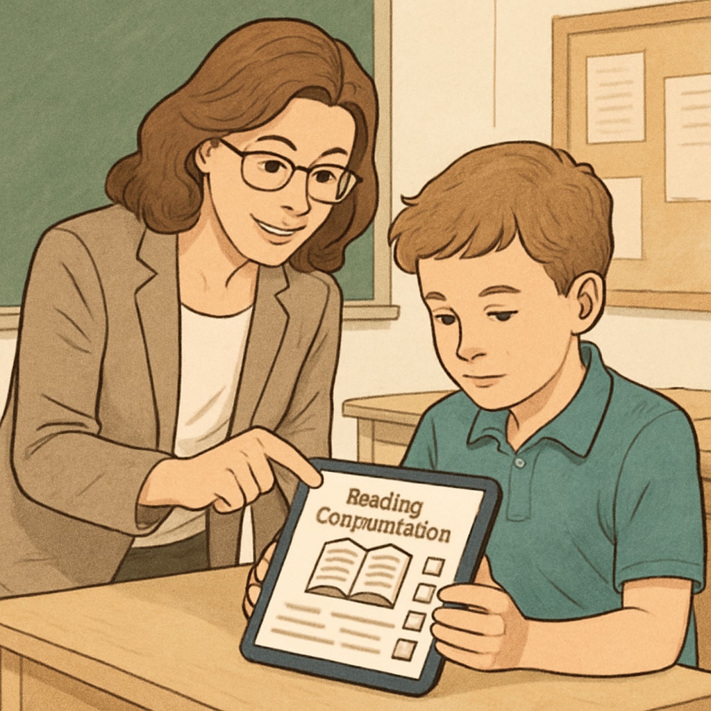 A teacher helping a student use a reading comprehension app on a tablet. A teacher assisting a student with a digital reading tool for comprehension.
