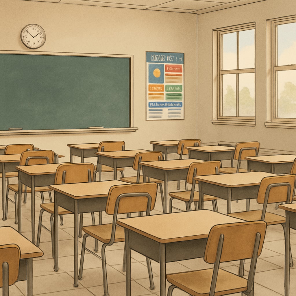 A classroom in a public school with empty desks, symbolizing the impact of reduced enrollment due to voucher programs. Empty desks in a public school classroom showing enrollment impact of voucher programs.