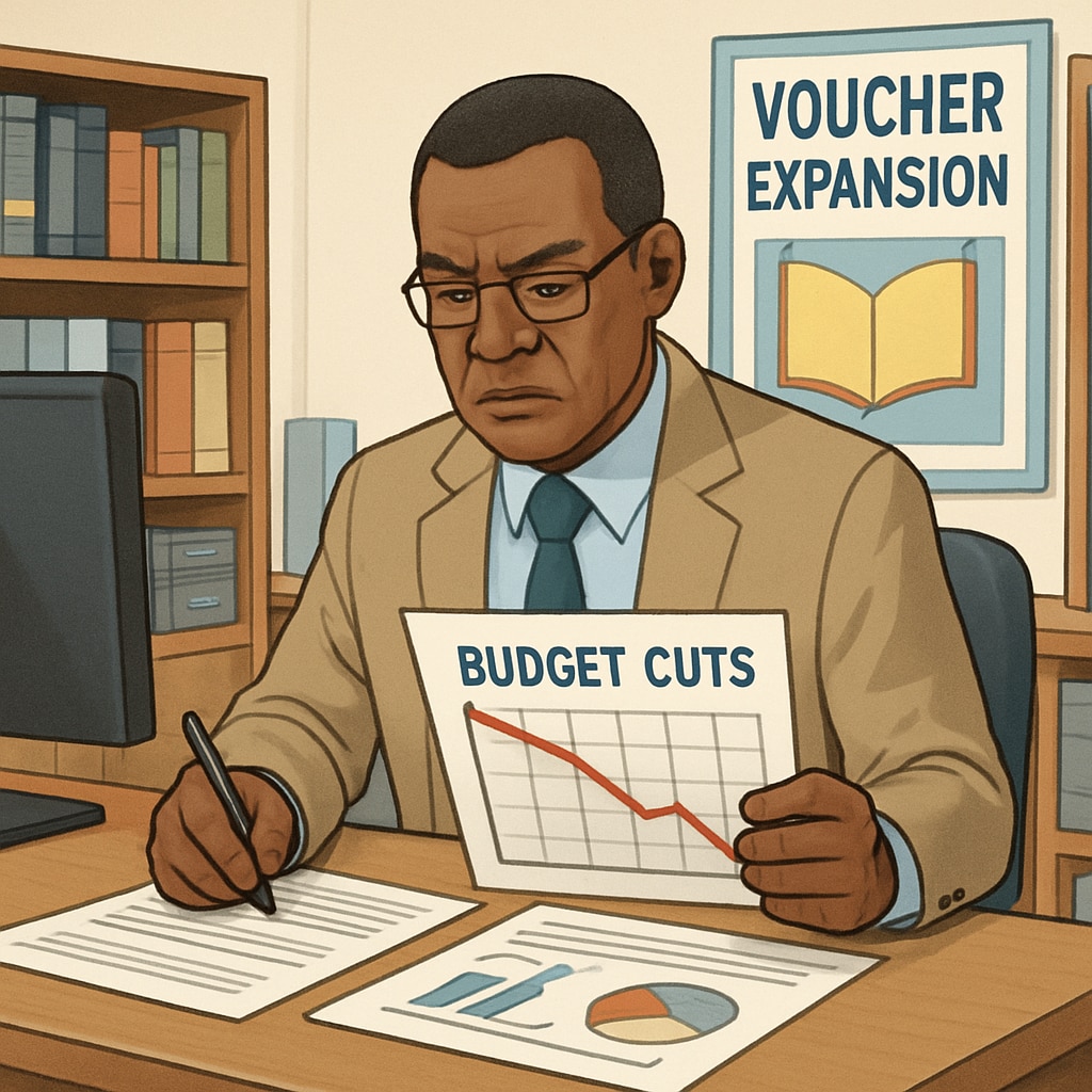 A school administrator reviewing budget cuts in a public school office, highlighting the financial challenges caused by voucher expansion. A school administrator analyzing budget cuts due to education voucher impacts.