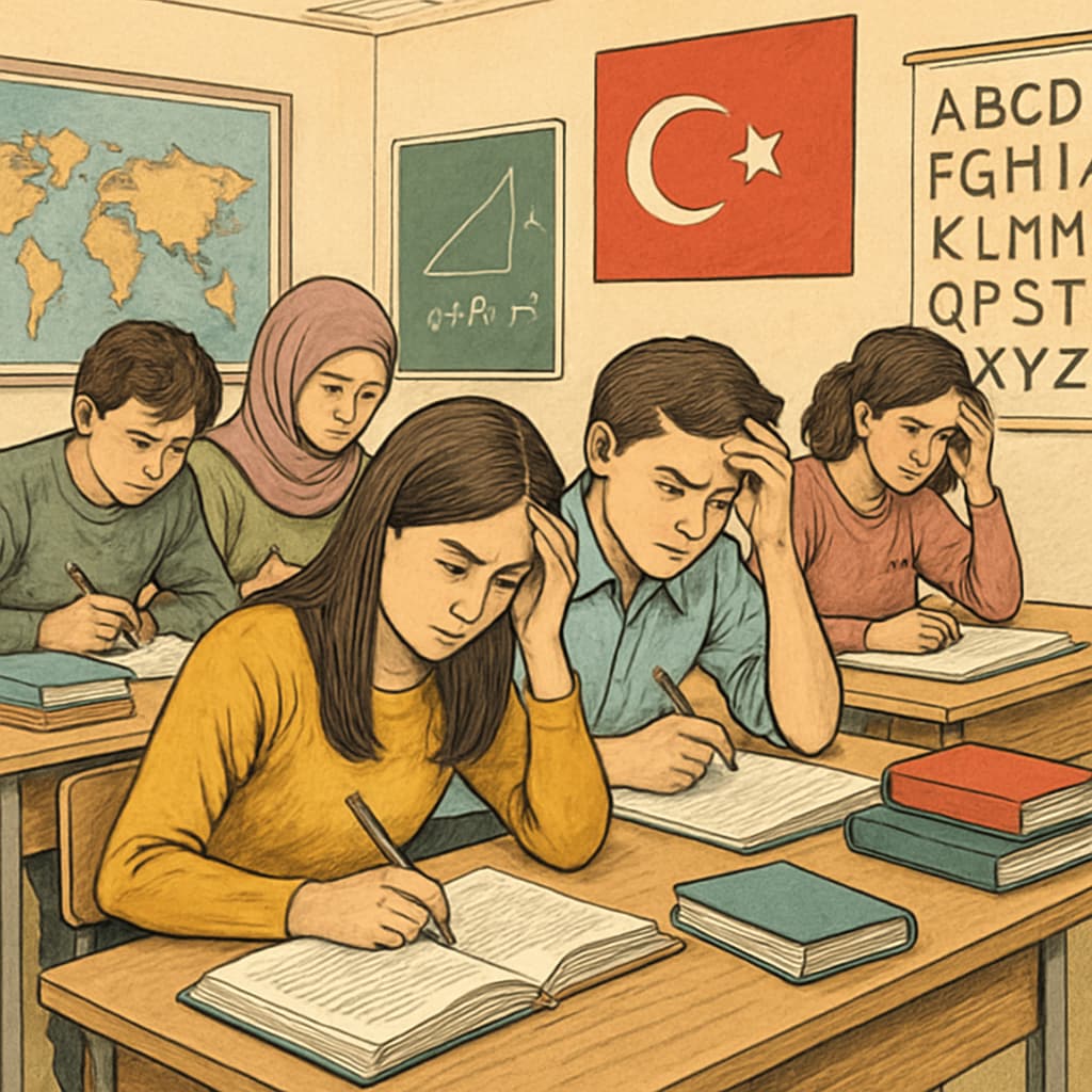 A classroom with students preparing for exams in Turkey, reflecting a high-pressure environment. Turkish students in a high-pressure exam-oriented education system