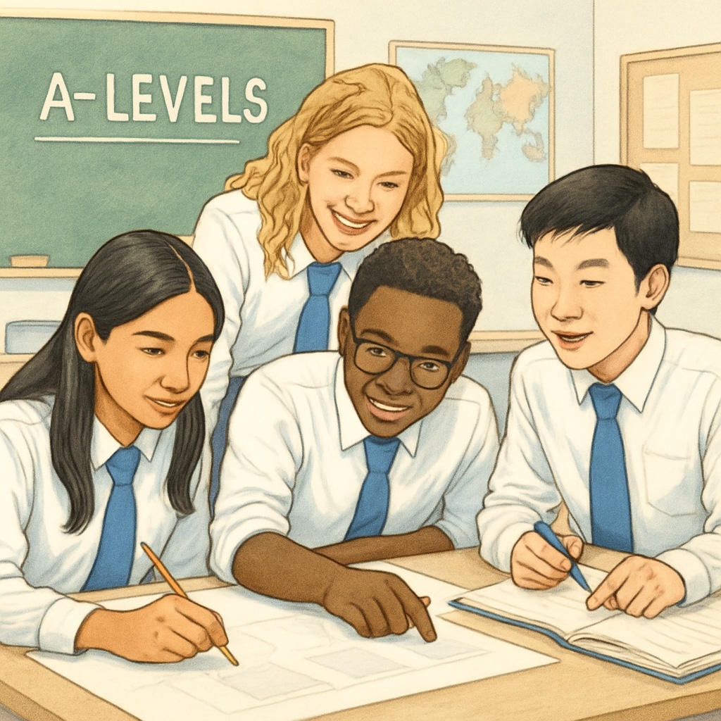 A diverse group of UK students collaborating in a classroom, showcasing the flexibility of A Levels education. UK students exploring flexibility in A Levels education
