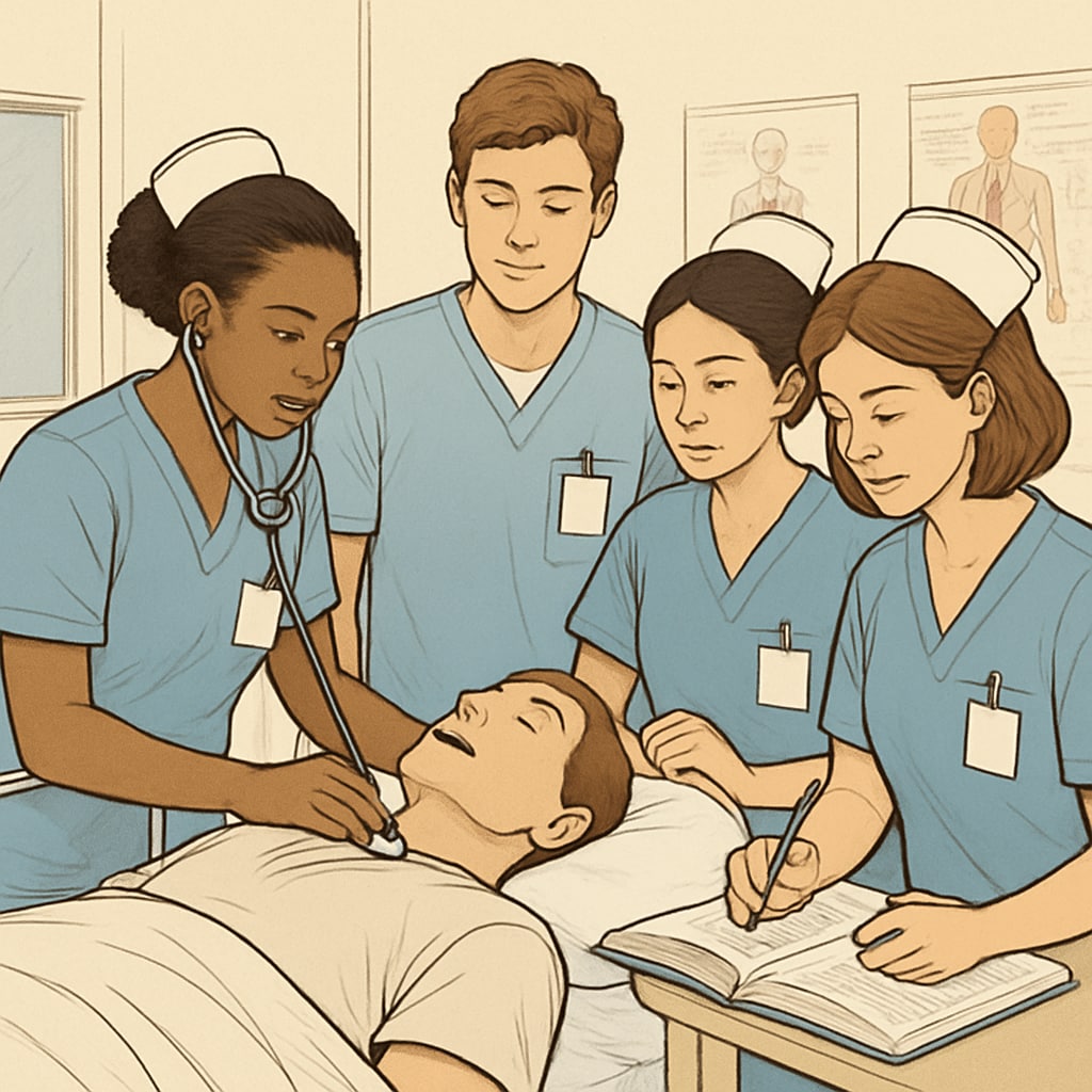 A group of nursing students in a clinical lab setting, working together on a mock patient. Nursing students practicing in a clinical lab as part of their program.