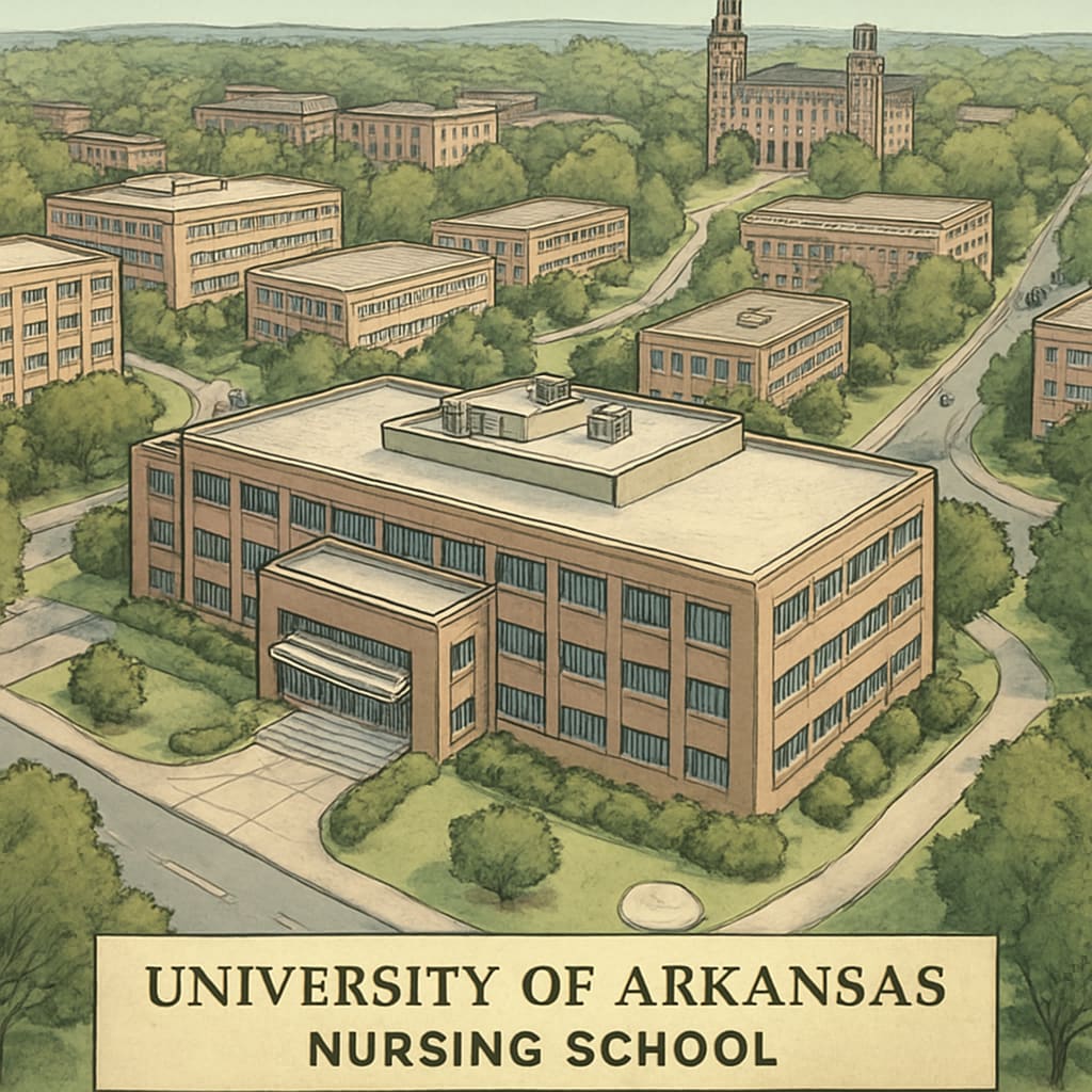 An aerial view of the University of Arkansas campus, highlighting its nursing school building. University of Arkansas campus with its nursing school building featured.