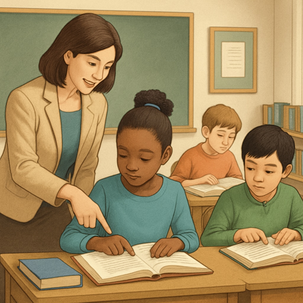 A teacher helping students navigate complex reading materials in a classroom setting. The image highlights the interaction between educators and students during reading sessions. Teacher guiding students through complex texts to enhance reading comprehension.