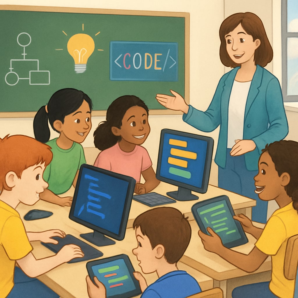 A classroom setting showing students engaged in coding activities, emphasizing the importance of early exposure to IT concepts. Students coding in a classroom, highlighting IT career planning in K12 education.