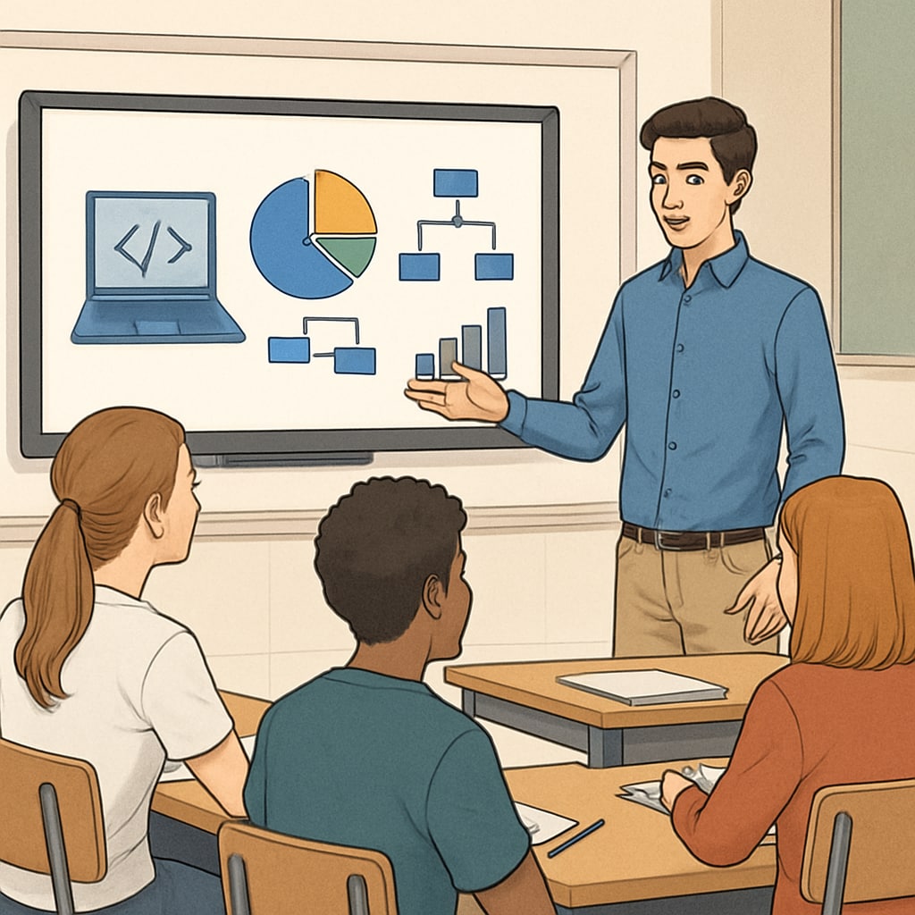 A high school student presenting a digital project to peers, showcasing the role of collaborative learning in IT education. High school student presenting a digital project, illustrating collaborative IT learning.