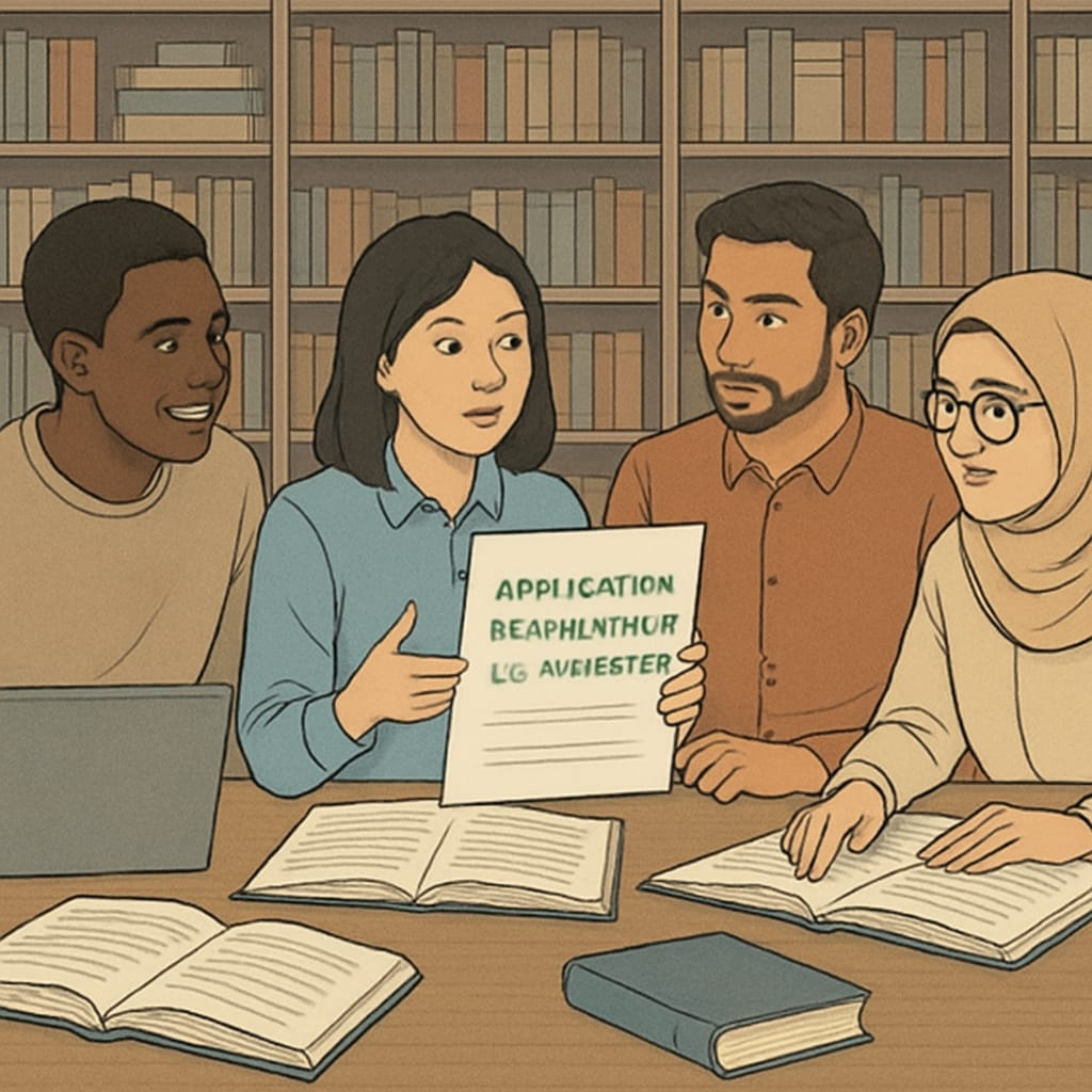 A group of international students reviewing application requirements for U.S. universities at a library. International students discussing U.S. university data science admission requirements.