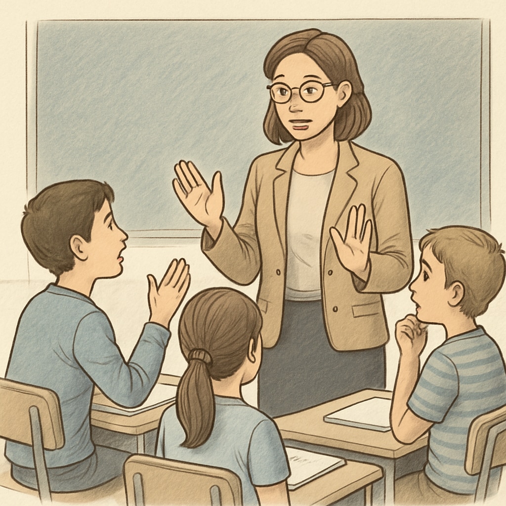 A teacher engaging with students in a classroom using active listening techniques, illustrating mindful communication. A teacher using mindful communication techniques inspired by Sadhguru’s practices.