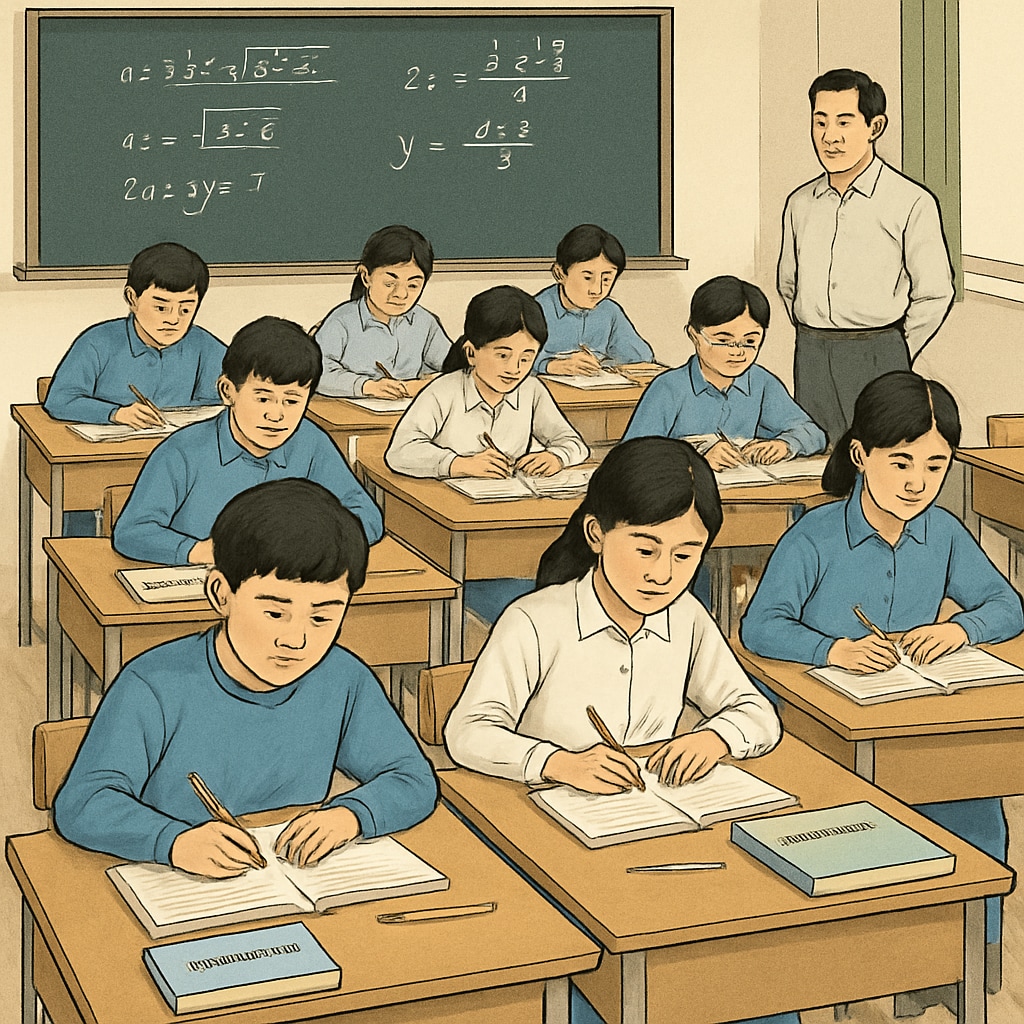 Chinese students in a classroom, highlighting academic rigor and focus on mathematics.