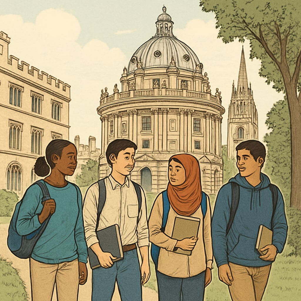 Students on the Oxford University campus discussing immigrant education barriers.