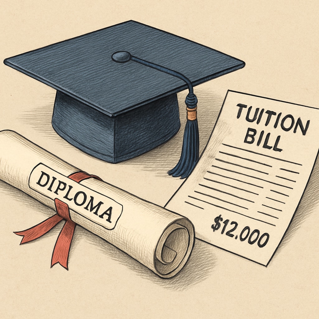 Graduation cap, diploma, and tuition bill highlighting immigrant student fees.