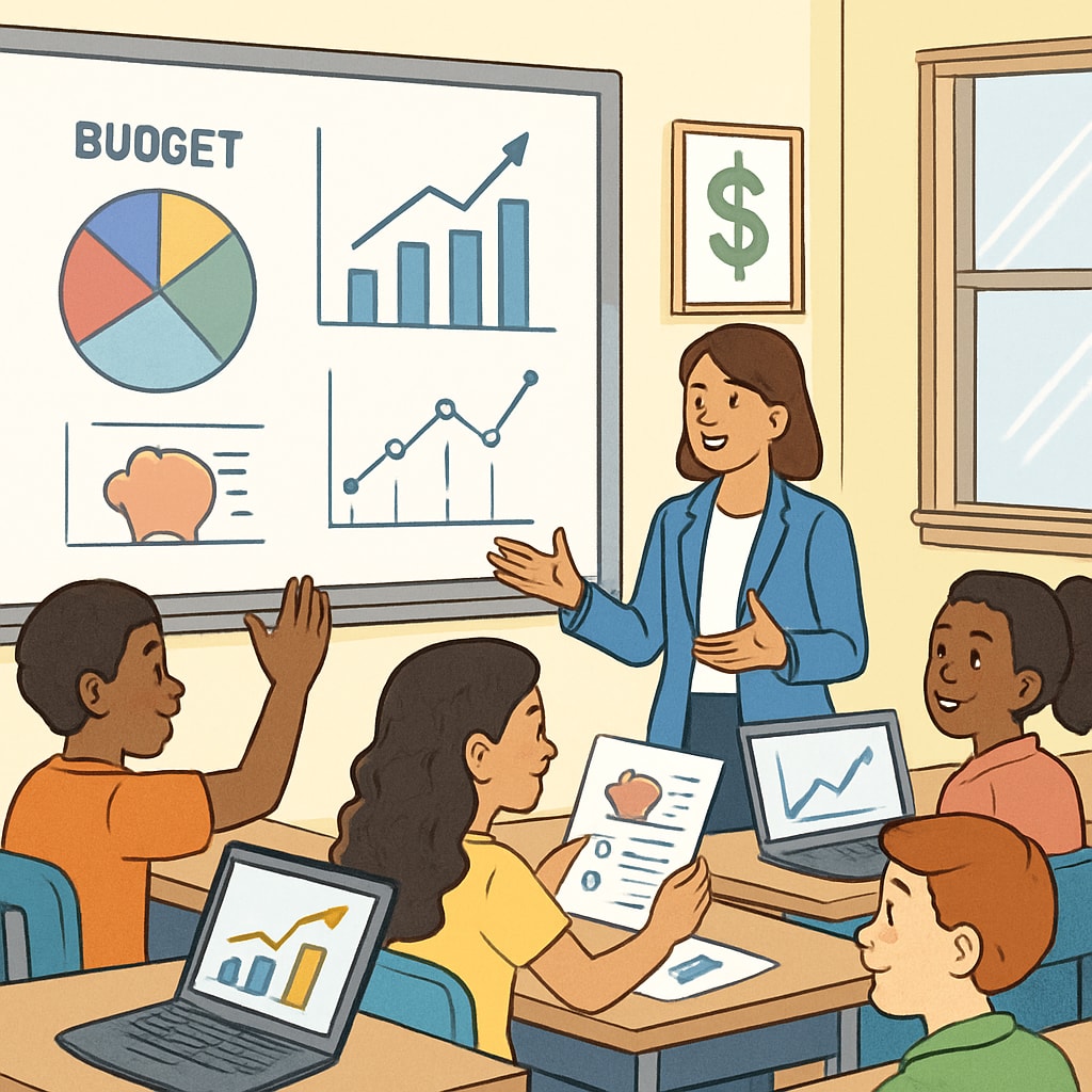 A classroom environment where students are engaging in a financial literacy workshop using interactive tools. K12 students participating in a financial literacy session with hands-on activities.