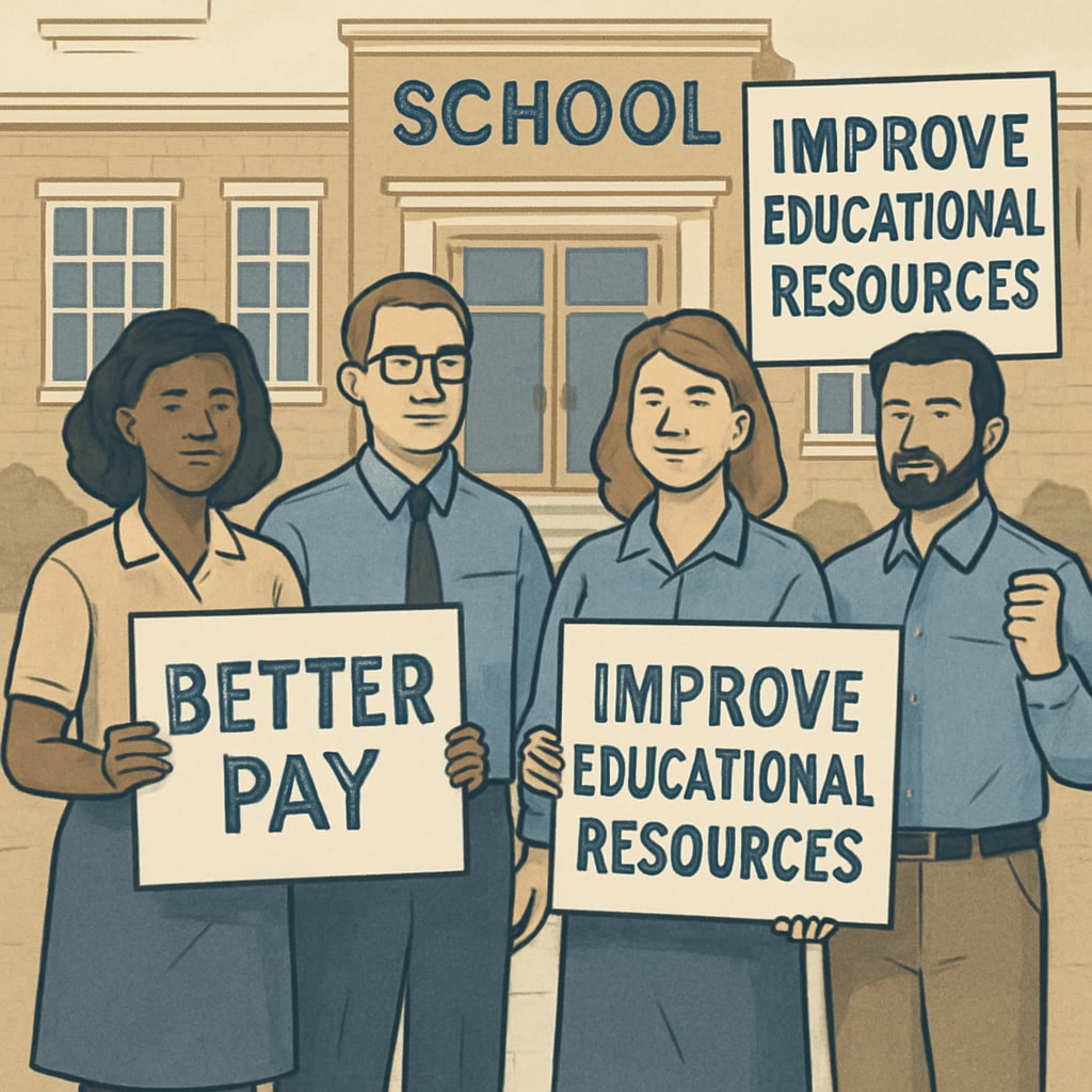 A group of teachers holding signs advocating for better pay and resources, standing outside a school building. Teachers protesting with signs on Teacherless Tuesday for better pay and resources.